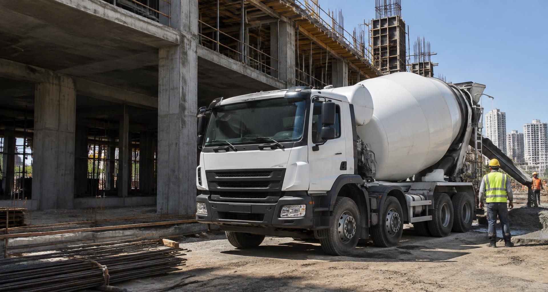 Imagem ilustrativa de caminhão betoneira em uma obra de construção civil